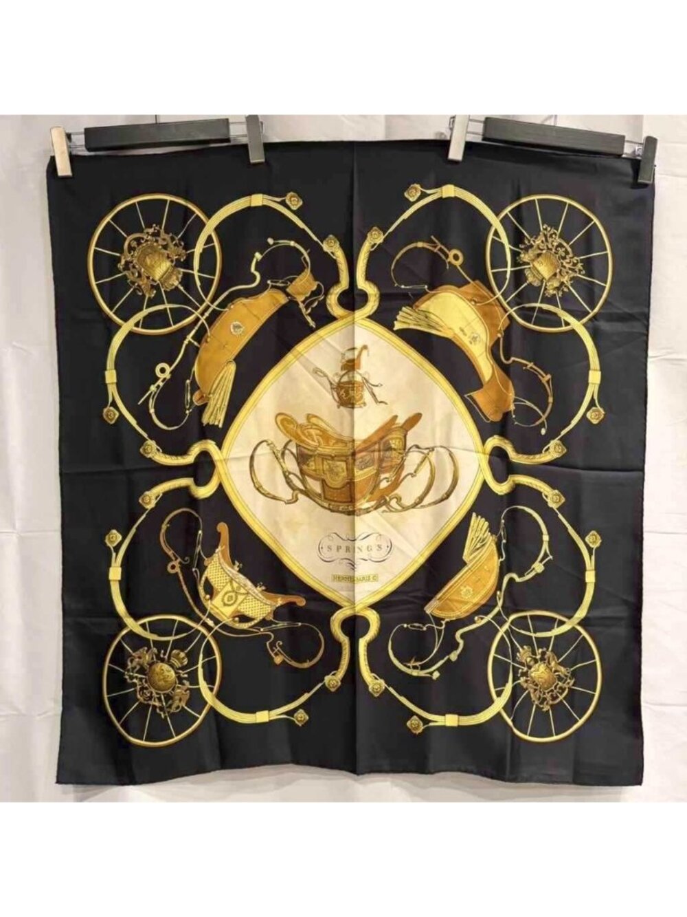 Hermes Carre 90 Scarf Spring Carriage Pattern Black